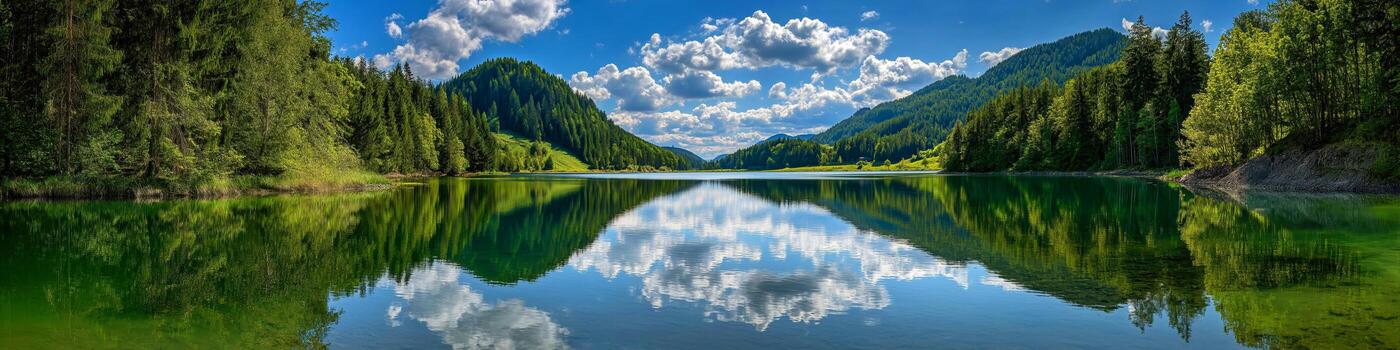 peaceful wilderness setting with pristine lake and vivid sky reflecting in water like a mirror photo