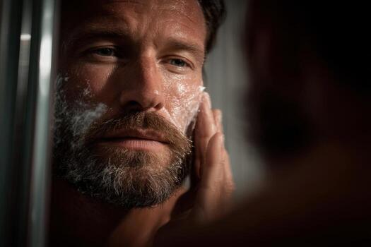 A man with a beard and beard looking in the mirror photo