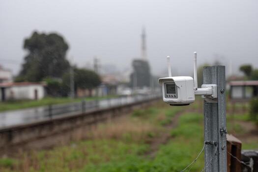 A security camera is on a pole near a field photo
