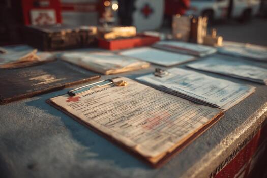 A table with papers and pens on it photo