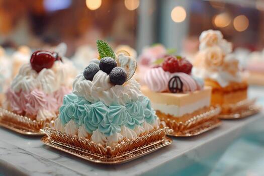 A row of cakes on a table photo