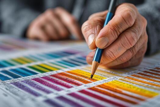 A person is holding a pencil and drawing on a color chart photo