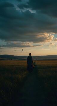 a man walking in a field with a suitcase photo