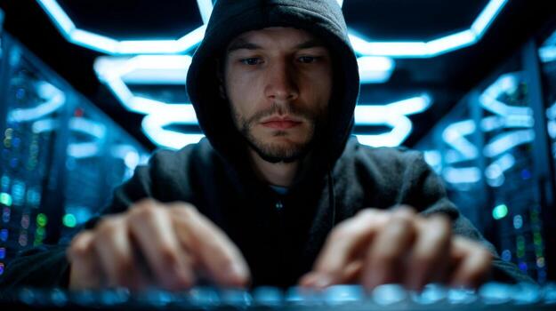 Blue keyboard hacker cyber security threat data breach photo