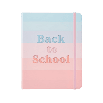 Back to school notebook top view . Colorful and pastel grader's notebook with Back to school text for school and classroom supplies flat lay isolated. Fun paper notebook png