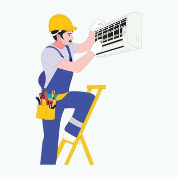 A professional technician in blue uniform and helmet standing on a ladder fixing an indoor air conditioner using tools, performing home maintenance and cooling service vector