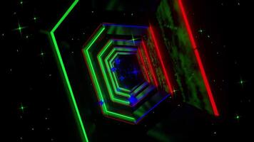 roterande neon hexagonal tunnel med rgb lampor och stjärnor vj slinga video