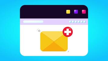 e-post ikon med plus underrättelse på fönster flik. digital inkorg meddelande animering video