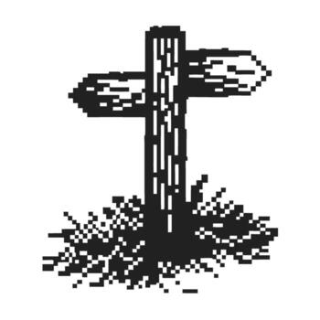 Pixel art wooden signpost with two blank directional arrows, old rustic path guide, retro digital graphic illustration vector