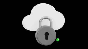 3d nuvem segurança animação com cadeado e marca de seleção, alfa canal video