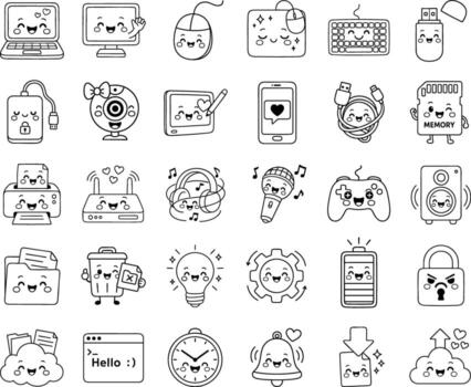Cute computer and tech device illustrations for kids, featuring happy gadgets, electronics, and digital communication elements vector