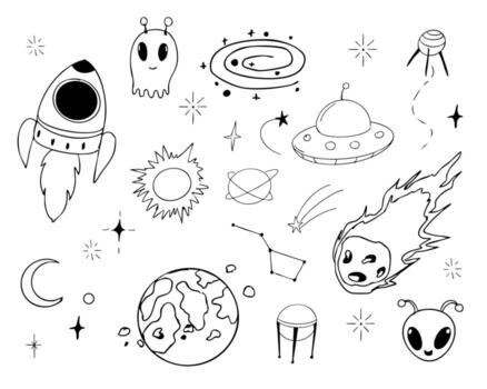 Space with alien, meteor, planets and spaceship line sketch hand drawn illustration. Set cosmic doodle elements. vector
