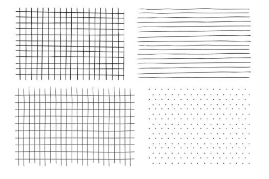 Grid square hand drawn textured lines, notebook grid and striped pattern. Doodle geometric net,set chalk or crayon stroke. vector