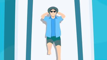 Vacation flat animation background loop showing a man relaxing on boat with bird shadows passing above, calm sea and soft ripple wave under boat. 4K animated for travel background template and nature. video