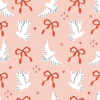 Seamless pattern with white doves and red bows. graphics. vector