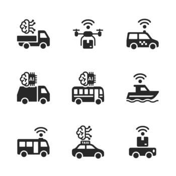 sólido autónomo vehículo icono conjunto usado en inteligente movilidad, transporte, y ai sistemas vector