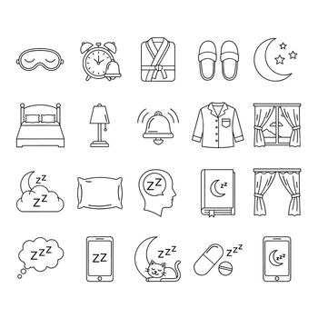 Collection of Linear Sleep Icons for Relaxation and Nighttime Routine Visualizing Comfortable Rest and Peaceful Night Representing Sleeping Habits and Bedtime Essentials vector