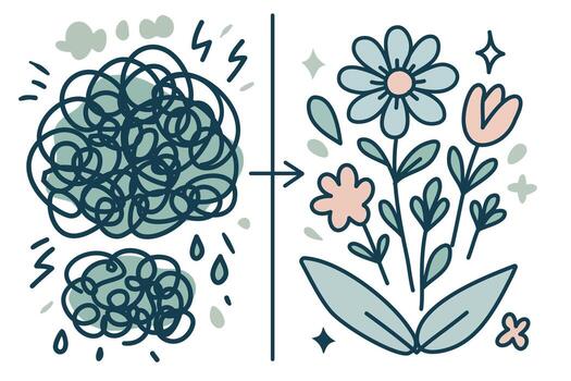 Concept illustration representing chaotic state of mind versus calm state of mind with scribble clouds and blooming flowers vector