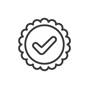 A line art icon of a checkmark inside a circular shape with a wavy or floral edge, representing a unique seal of approval or quality. vector