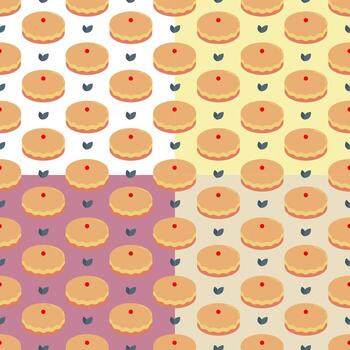 Set of seamless patterns with pie, cake with cherry on top. Exotic dessert with tea vector