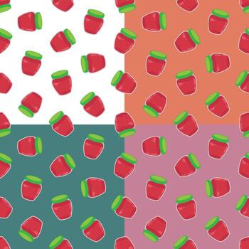 Set of seamless patterns with packaged jar of jam or compote in doodle vector