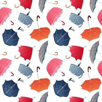 Colorful seamless pattern with umbrellas in different shapes and colors. Autumn background with cozy mood Textured fall repeat design for seasonal prints, wrapping papper and fabric vector
