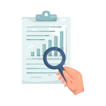 Illustration of Hand Analyzing Data on Report with Magnifying Glass vector