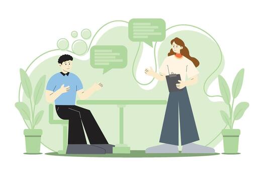 masculino y hembra compañeros de trabajo que se discute proyecto con habla burbujas y portapapeles en relajado oficina ambiente. equipo colaboración y idea compartiendo en progreso. vector