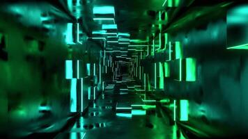 cyan och ljus grön fantastisk korridor med slumpmässig lysande plattor bakgrund vj slinga i 4k video