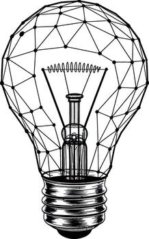 Black and white wireframe light bulb with internal filament and screw base idea innovation vector