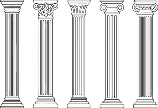cinco diferente estilos de clásico arquitectónico columnas resumido en negro pilar arquitectura vector