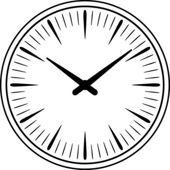 Black and white simple line drawing of a clock face with hands time analog vector