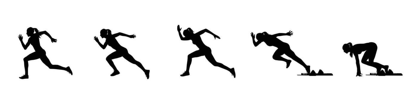 silueta de mujer corredor corriendo desde comenzando bloques en movimiento secuencia vector