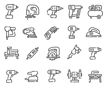 Power tools icon set in outline style with spaces. Power tools icon set in thin line with space. vector