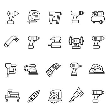 Power tools thin line icon set. Power tools outline style icon set. vector