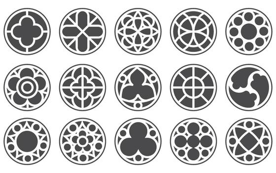 Gothic circle rose window with medieval ornament. Silhouettes of cathedral rosettes. Christian architecture elements with stained glass on white background. Radial frame. vector