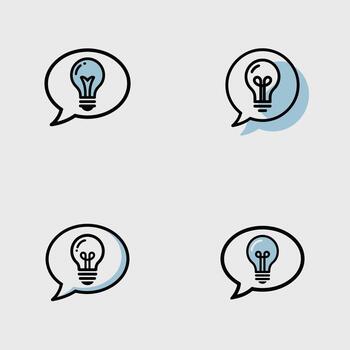 Four Lightbulb Icons Inside Speech Bubbles Light Blue and White Color Variations on Grey Background Simple Line Art Style Design Elements vector