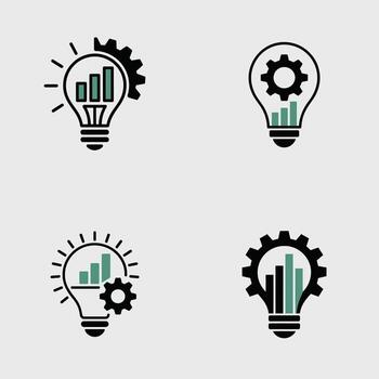 Four Lightbulb Icons Featuring Bar Graph and Gear Illustrations Green and Black Color Scheme Business Concept Graphics vector