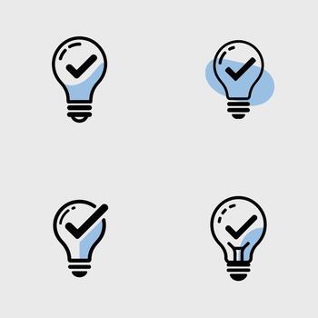 Four Lightbulb Icons with Checkmarks Blue and Black Line Art Style Illustrations on Grey Backgrounds Solution Idea Concept Approved Successful vector