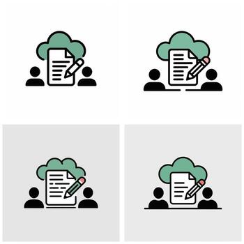Four Variations of a Cloud Document Collaboration Icon Featuring Two Black Silhouettes a Document a Pencil and a Sage Green Cloud Representing vector