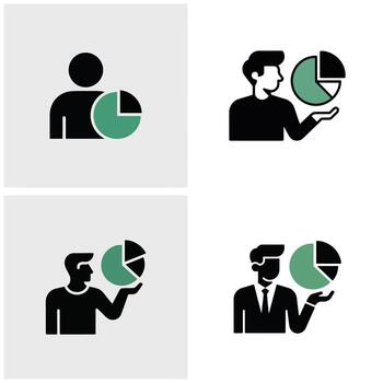 Four Simple Icons Depicting a Person Presenting a Pie Chart in Black and Teal Green on a Light Gray Background vector
