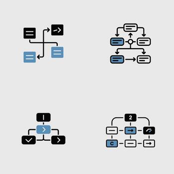 Four Simple Flowchart Diagrams with Black and Light Blue Rectangles and Arrows Illustrating Process Steps and Decision Points vector