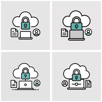 Four teal and black cloud computing security icons depicting a laptop document user and padlock inside a cloud on a gray background vector