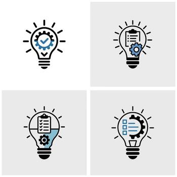 cuatro bombilla íconos ilustrando proyecto administración conceptos engranaje listas de verificación y proceso mejoramiento azul y negro línea Arte en gris antecedentes vector