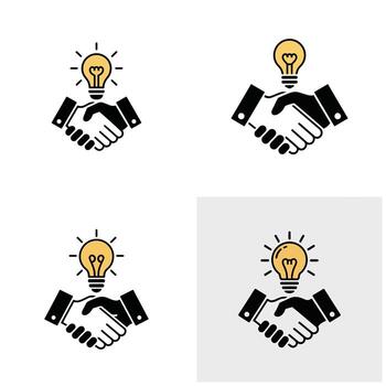 Four Variations of a Black and Gold Handshake Icon with a Lightbulb Symbolizing Shared Ideas Partnership Collaboration and Innovation vector