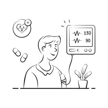 Man tracking blood pressure levels using digital monitoring device. vector