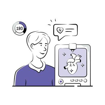 Young man examining a heart model printed using a 3D bioprinter. vector