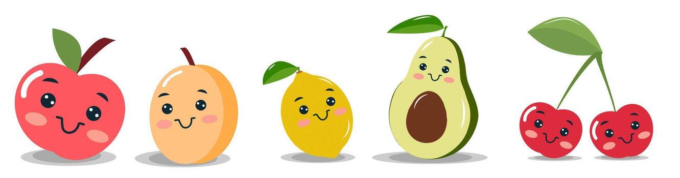 Cheerful fruits including an apple, peach, lemon, avocado, and cherries with smiling faces are happily placed in a vibrant arrangement, creating a joyful atmosphere vector
