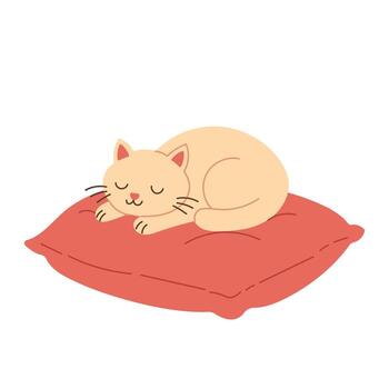 A cartoon cat is sleeping on a red pillow. The cat is curled up and has its eyes closed. The pillow is soft and comfortable, providing a cozy spot for the cat to rest vector