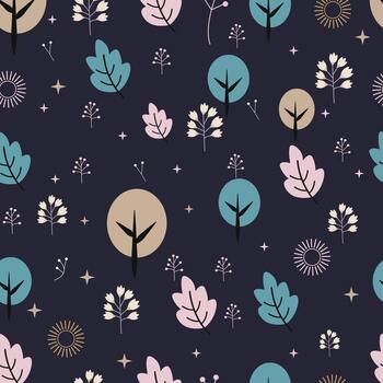 a pattern with trees and stars on a dark background vector
